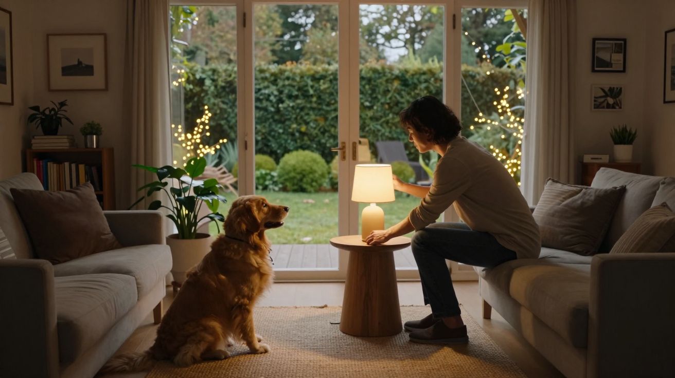 Person adjusting lamp in cosy living room with a dog sitting attentively nearby, fairy lights outside.