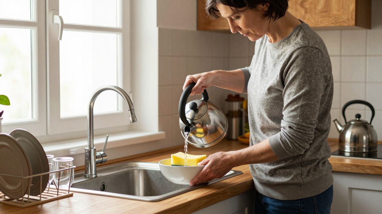 Woman pouring hot water from kettle into sink bowl beside window in kitchen.