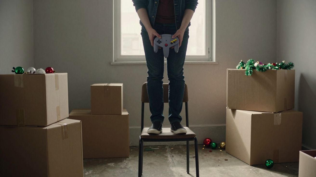 Person standing on chair holding a game controller, surrounded by moving boxes and Christmas decorations in an empty room.